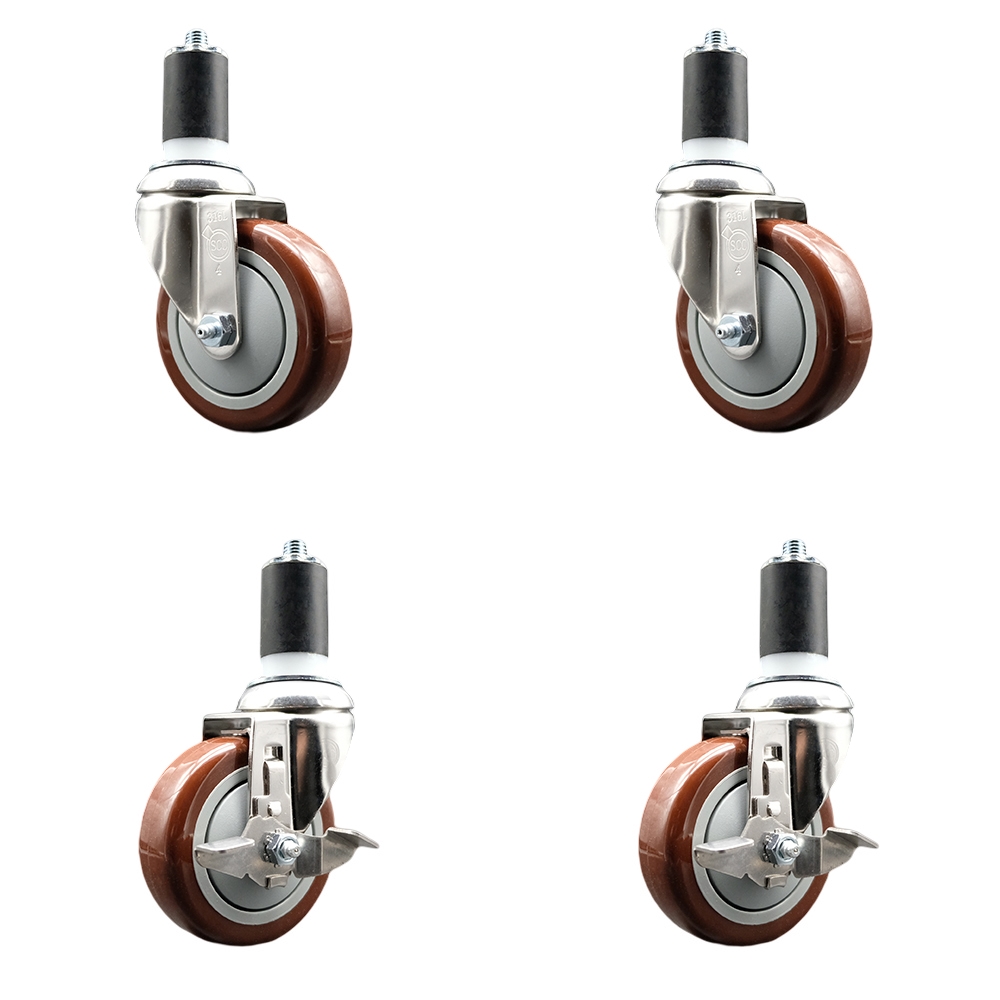 Polyurethane Swivel Stem Caster Set of 4 with 4 Inch Maroon Caster Wheels - 1-1/2" Expanding Stems -316 Stainless Steel Casters-Includes 2 Swivel with Top Lock Brakes and 2 Swivel-Service Caster Brand — photo 1