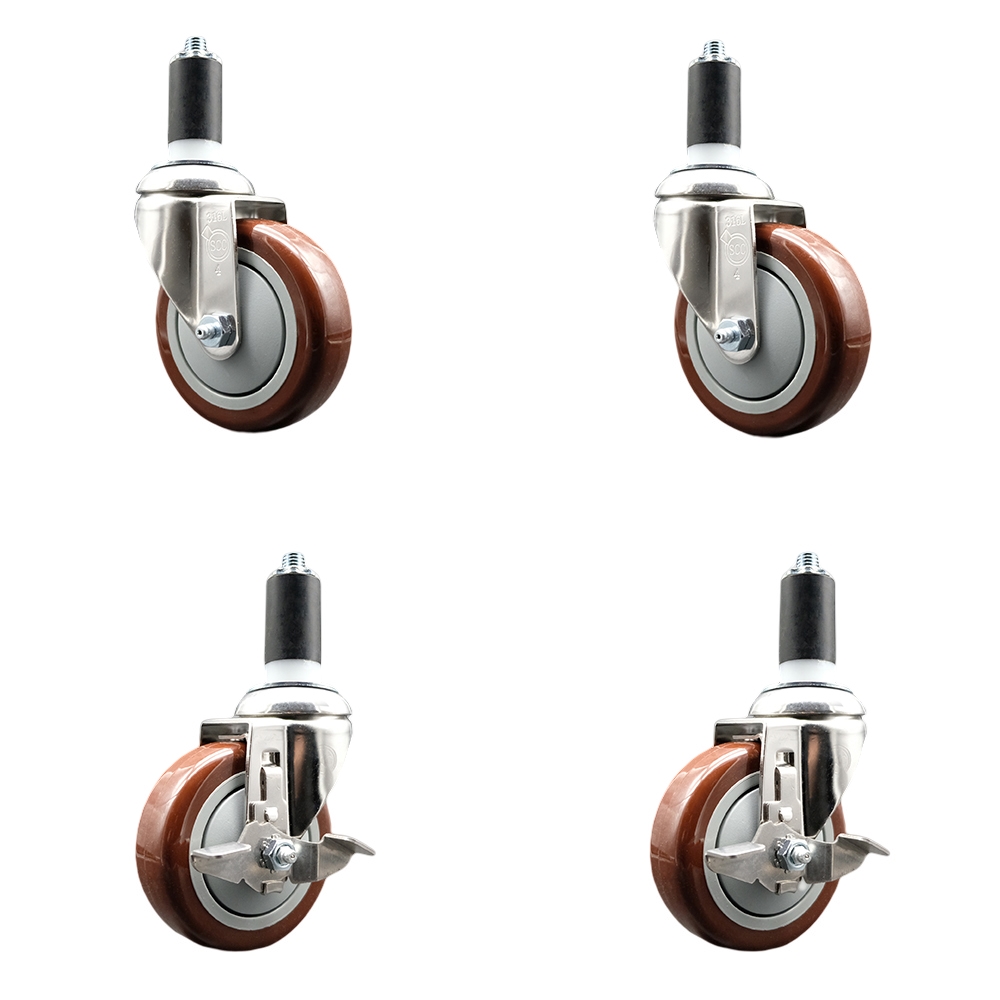 Polyurethane Swivel Stem Caster Set of 4 with 4 Inch Maroon Caster Wheels - 1-1/4" Expanding Stems -316 Stainless Steel Casters-Includes 2 Swivel with Top Lock Brakes and 2 Swivel-Service Caster Brand — photo 1