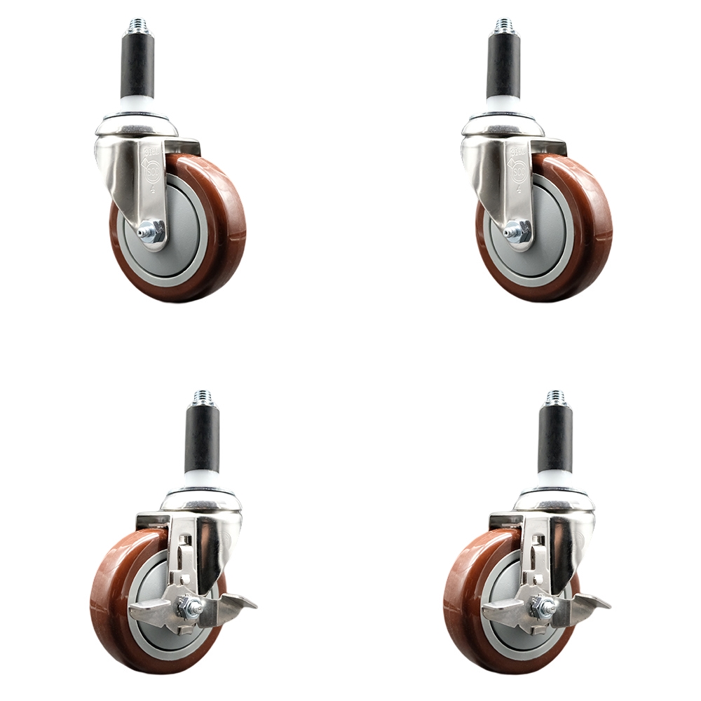 Polyurethane Swivel Stem Caster Set of 4 with 4 Inch Maroon Caster Wheels - 1-1/8" Expanding Stems -316 Stainless Steel Casters-Includes 2 Swivel with Top Lock Brakes and 2 Swivel-Service Caster Brand — photo 1