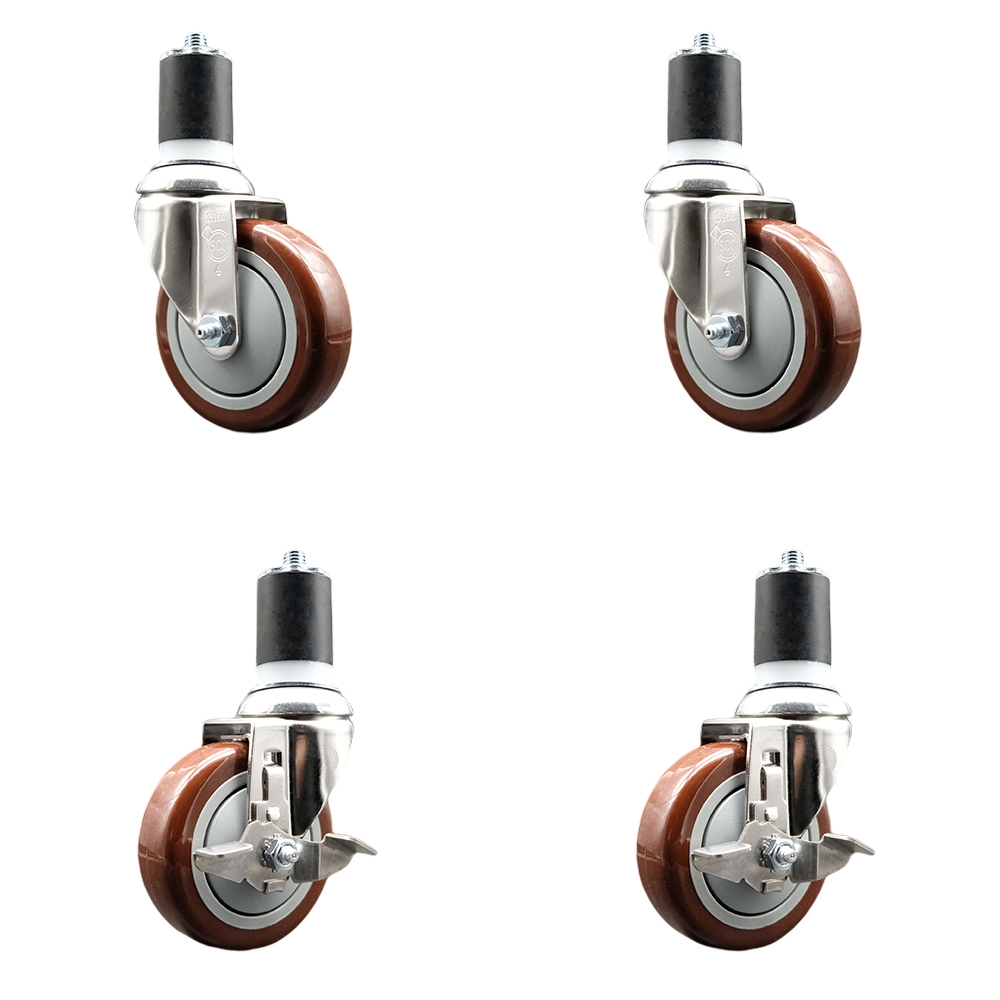 Polyurethane Swivel Stem Caster Set of 4 with 4 Inch Maroon Caster Wheels - 1-3/4" Expanding Stems -316 Stainless Steel Casters-Includes 2 Swivel with Top Lock Brakes and 2 Swivel-Service Caster Brand — photo 1