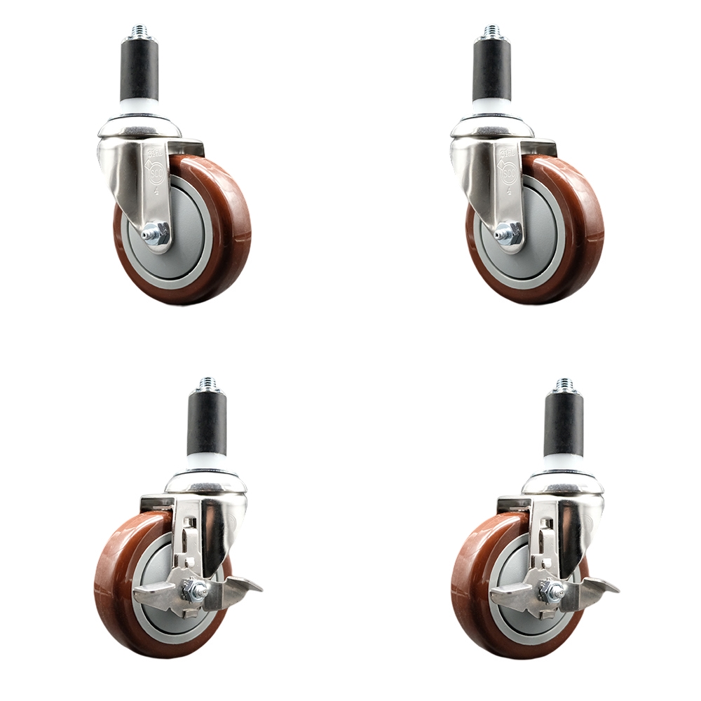Polyurethane Swivel Stem Caster Set of 4 with 4 Inch Maroon Caster Wheels - 1-3/8" Expanding Stems -316 Stainless Steel Casters-Includes 2 Swivel with Top Lock Brakes and 2 Swivel-Service Caster Brand — photo 1