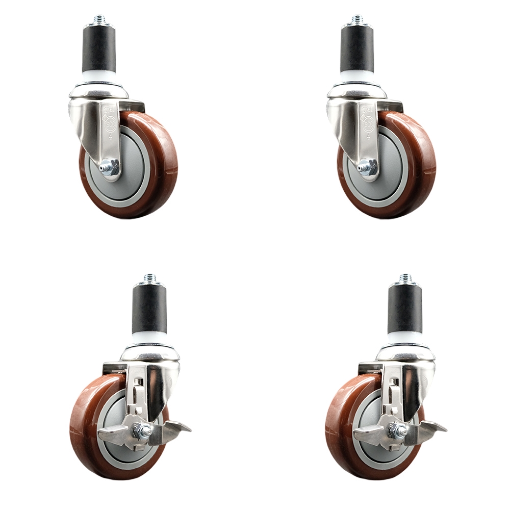 Polyurethane Swivel Stem Caster Set of 4 with 4 Inch Maroon Caster Wheels - 1-5/8" Expanding Stems -316 Stainless Steel Casters-Includes 2 Swivel with Top Lock Brakes and 2 Swivel-Service Caster Brand — photo 1