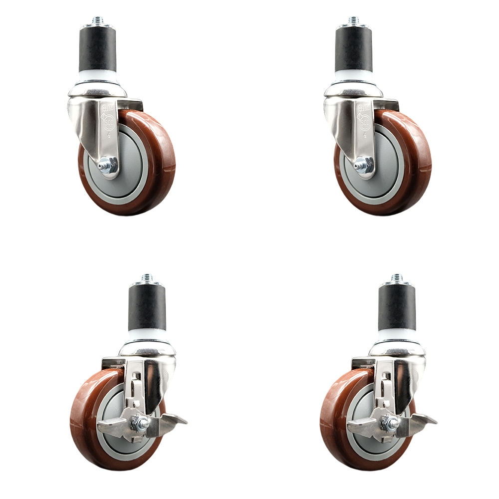 Polyurethane Swivel Stem Caster Set of 4 with 4 Inch Maroon Caster Wheels - 1-7/8" Expanding Stems -316 Stainless Steel Casters-Includes 2 Swivel with Top Lock Brakes and 2 Swivel-Service Caster Brand — photo 1