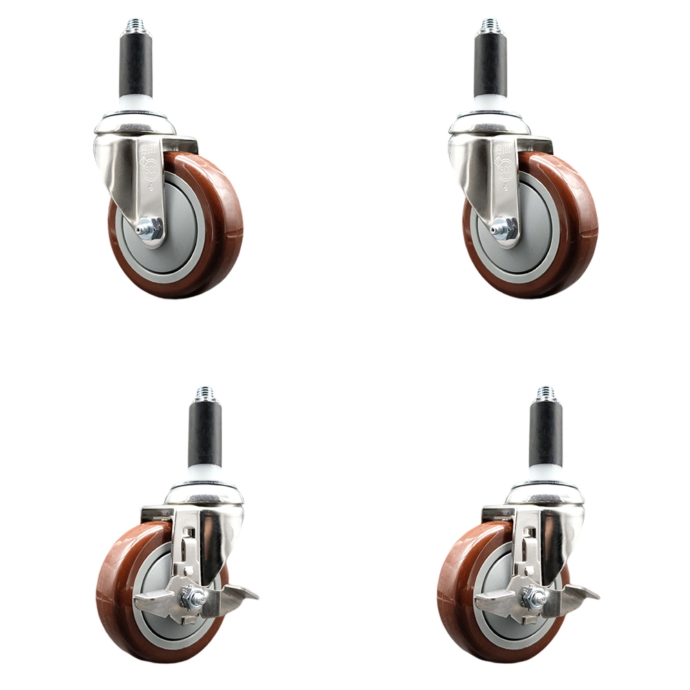 Polyurethane Swivel Stem Caster Set of 4 with 4 Inch Maroon Caster Wheels - 1" Expanding Stems -316 Stainless Steel Casters - Includes 2 Swivel with Top Lock Brakes and 2 Swivel - Service Caster Brand — photo 1