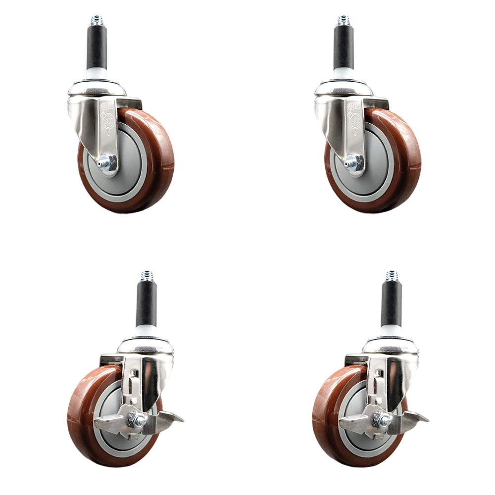 Polyurethane Swivel Stem Caster Set of 4 with 4 Inch Maroon Caster Wheels - 3/4" Expanding Stems -316 Stainless Steel Casters - Includes 2 Swivel with Top Lock Brakes and 2 Swivel-Service Caster Brand — photo 1