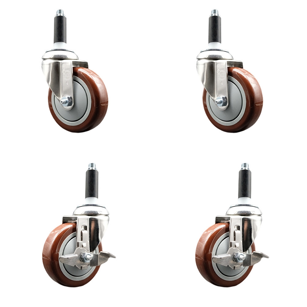 Polyurethane Swivel Stem Caster Set of 4 with 4 Inch Maroon Caster Wheels - 7/8" Expanding Stems -316 Stainless Steel Casters - Includes 2 Swivel with Top Lock Brakes and 2 Swivel-Service Caster Brand — photo 1