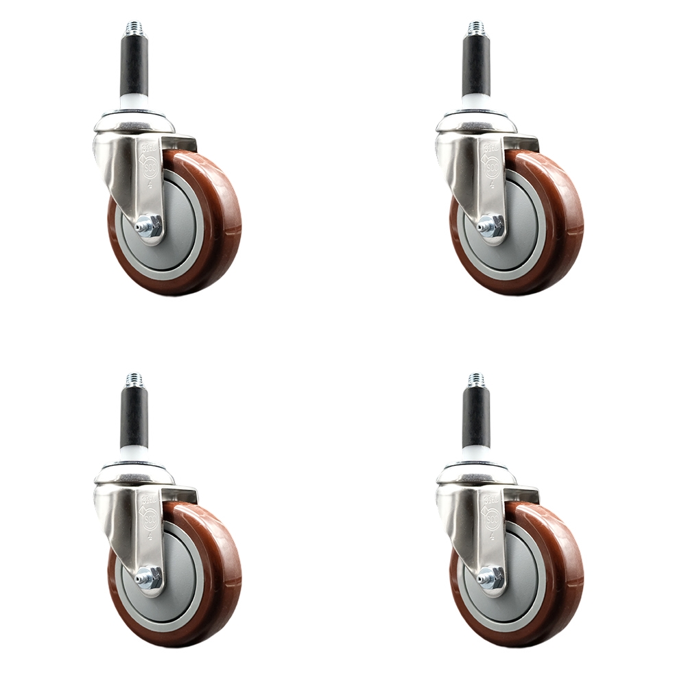 Polyurethane Swivel Stem Caster Set of 4 with 4 Inch Maroon Caster Wheels - 3/4" Expanding Stems - 316 Stainless Steel Casters - Includes 4 Swivel Casters - Service Caster Brand — photo 1
