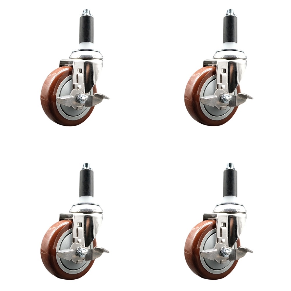 Polyurethane Swivel Stem Caster Set of 4 with 4 Inch Maroon Caster Wheels - 1" Expanding Stems - 316 Stainless Steel Casters - Includes 4 Swivel Casters with Top Lock Brakes - Service Caster Brand — photo 1