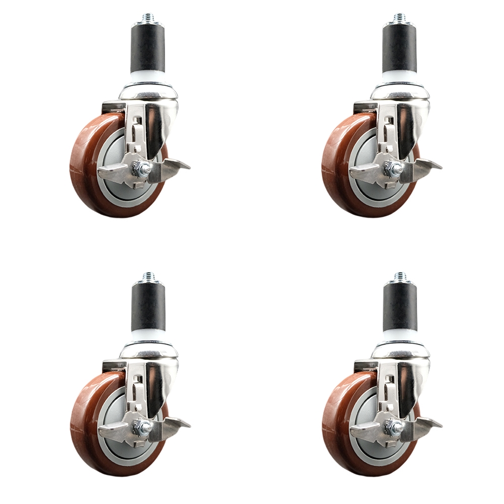 Polyurethane Swivel Stem Caster Set of 4 with 4 Inch Maroon Caster Wheels - 1-1/2" Expanding Stems - 316 Stainless Steel Casters - Includes 4 Swivel Casters with Top Lock Brakes - Service Caster Brand — photo 1