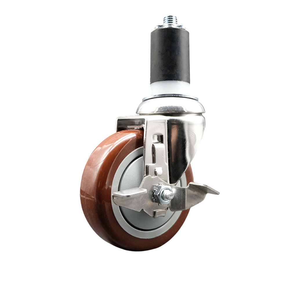 Polyurethane Swivel Stem Caster with 4 Inch Maroon Caster Wheel and Top Lock Brake - 1-1/2" Expanding Stem - 316 Stainless Steel Caster - 350 lbs. Capacity Per Caster - Service Caster Brand — photo 1