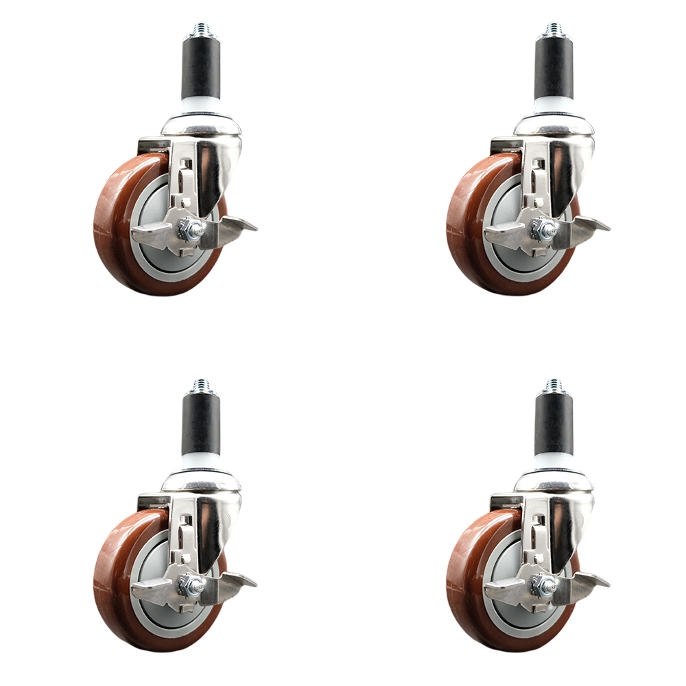 Polyurethane Swivel Stem Caster Set of 4 with 4 Inch Maroon Caster Wheels - 1-1/4" Expanding Stems - 316 Stainless Steel Casters - Includes 4 Swivel Casters with Top Lock Brakes - Service Caster Brand — photo 1