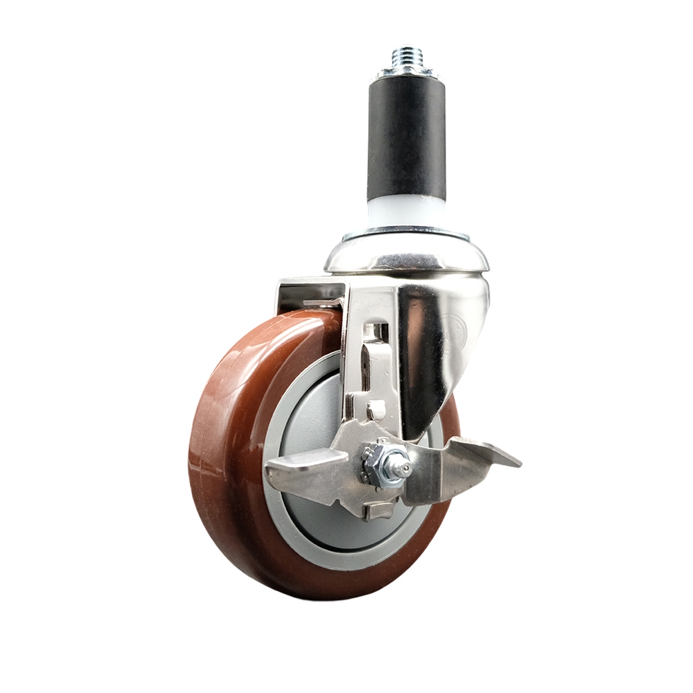 Polyurethane Swivel Stem Caster with 4 Inch Maroon Caster Wheel and Top Lock Brake - 1-1/4" Expanding Stem - 316 Stainless Steel Caster - 350 lbs. Capacity Per Caster - Service Caster Brand — photo 1