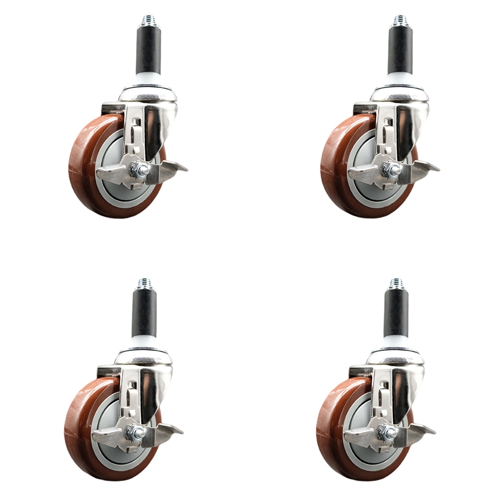 Polyurethane Swivel Stem Caster Set of 4 with 4 Inch Maroon Caster Wheels - 1-1/8" Expanding Stems - 316 Stainless Steel Casters - Includes 4 Swivel Casters with Top Lock Brakes - Service Caster Brand — photo 1