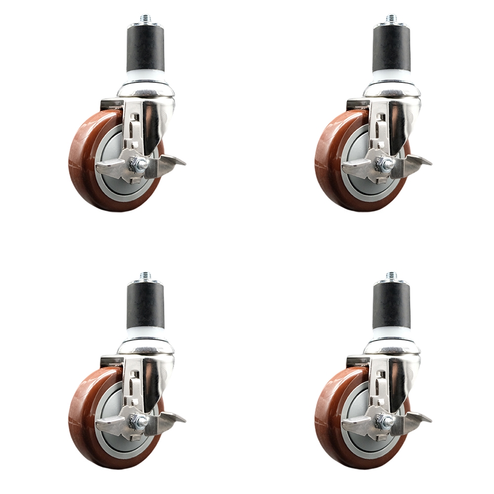 Polyurethane Swivel Stem Caster Set of 4 with 4 Inch Maroon Caster Wheels - 1-3/4" Expanding Stems - 316 Stainless Steel Casters - Includes 4 Swivel Casters with Top Lock Brakes - Service Caster Brand — photo 1