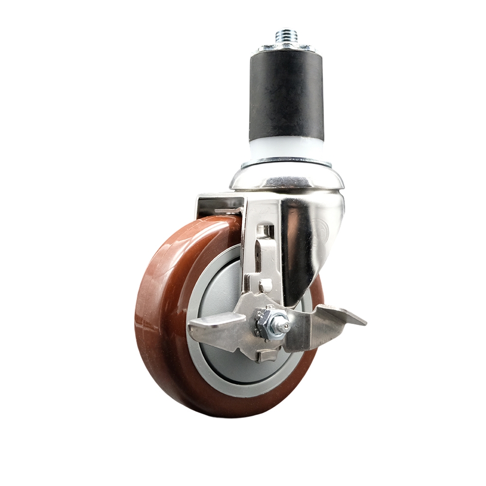 Polyurethane Swivel Stem Caster with 4 Inch Maroon Caster Wheel and Top Lock Brake - 1-3/4" Expanding Stem - 316 Stainless Steel Caster - 350 lbs. Capacity Per Caster - Service Caster Brand — photo 1