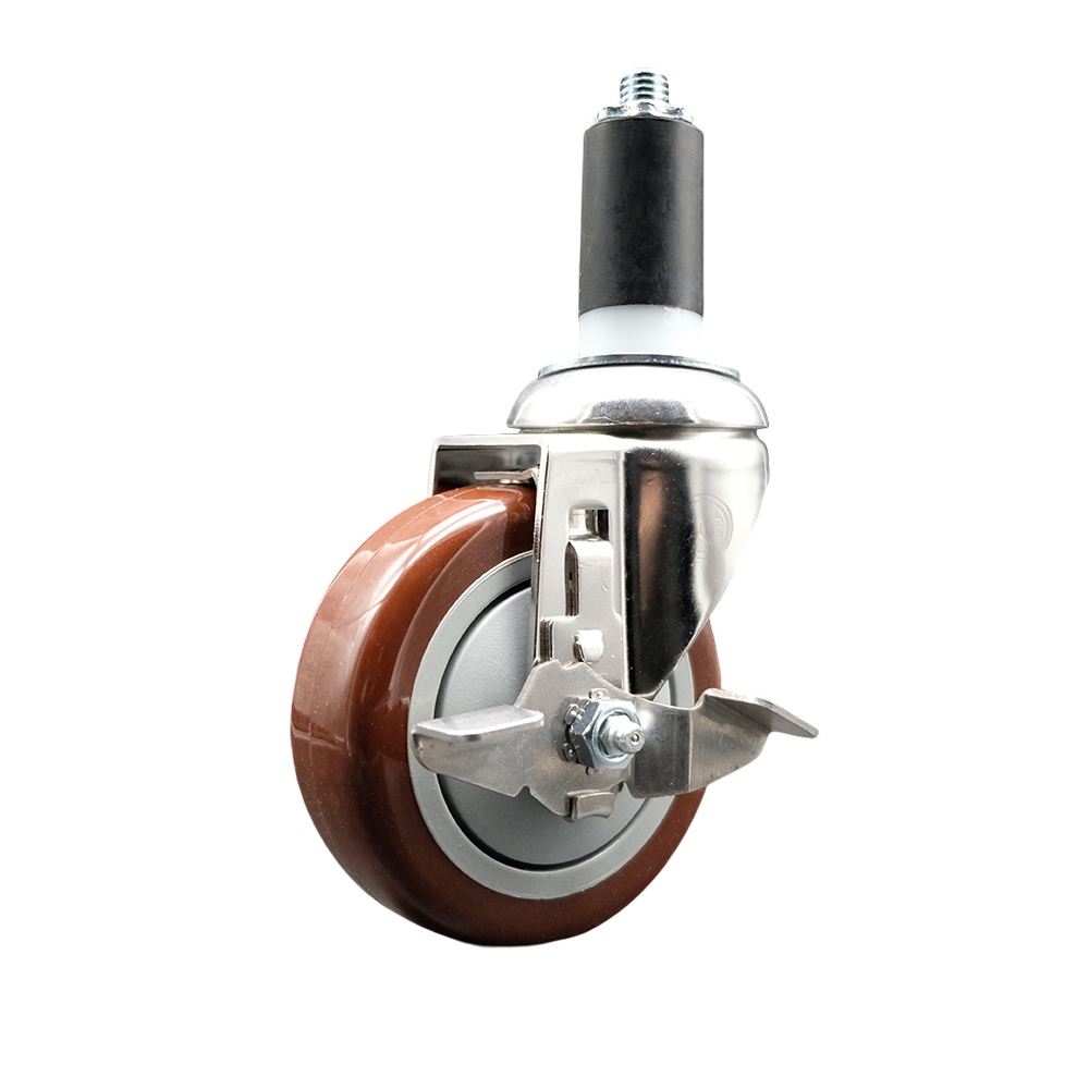 Polyurethane Swivel Stem Caster with 4 Inch Maroon Caster Wheel and Top Lock Brake - 1-3/8" Expanding Stem - 316 Stainless Steel Caster - 350 lbs. Capacity Per Caster - Service Caster Brand — photo 1