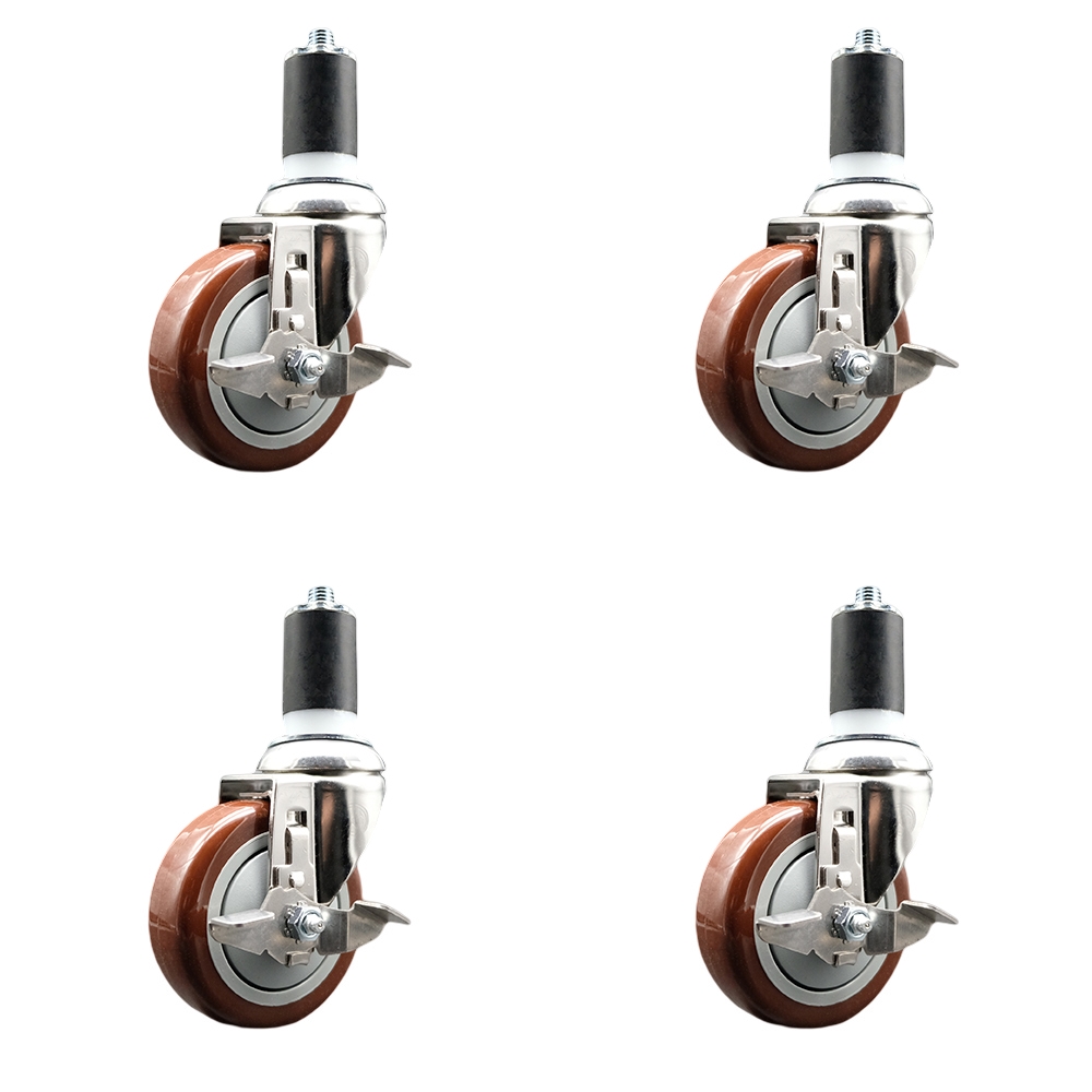 Polyurethane Swivel Stem Caster Set of 4 with 4 Inch Maroon Caster Wheels - 1-5/8" Expanding Stems - 316 Stainless Steel Casters - Includes 4 Swivel Casters with Top Lock Brakes - Service Caster Brand — photo 1