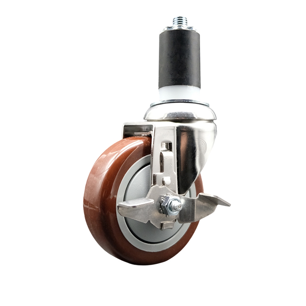 Polyurethane Swivel Stem Caster with 4 Inch Maroon Caster Wheel and Top Lock Brake - 1-5/8" Expanding Stem - 316 Stainless Steel Caster - 350 lbs. Capacity Per Caster - Service Caster Brand — photo 1