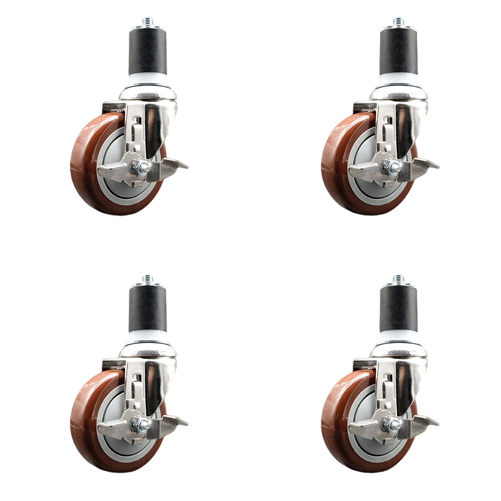 Polyurethane Swivel Stem Caster Set of 4 with 4 Inch Maroon Caster Wheels - 1-7/8" Expanding Stems - 316 Stainless Steel Casters - Includes 4 Swivel Casters with Top Lock Brakes - Service Caster Brand — photo 1