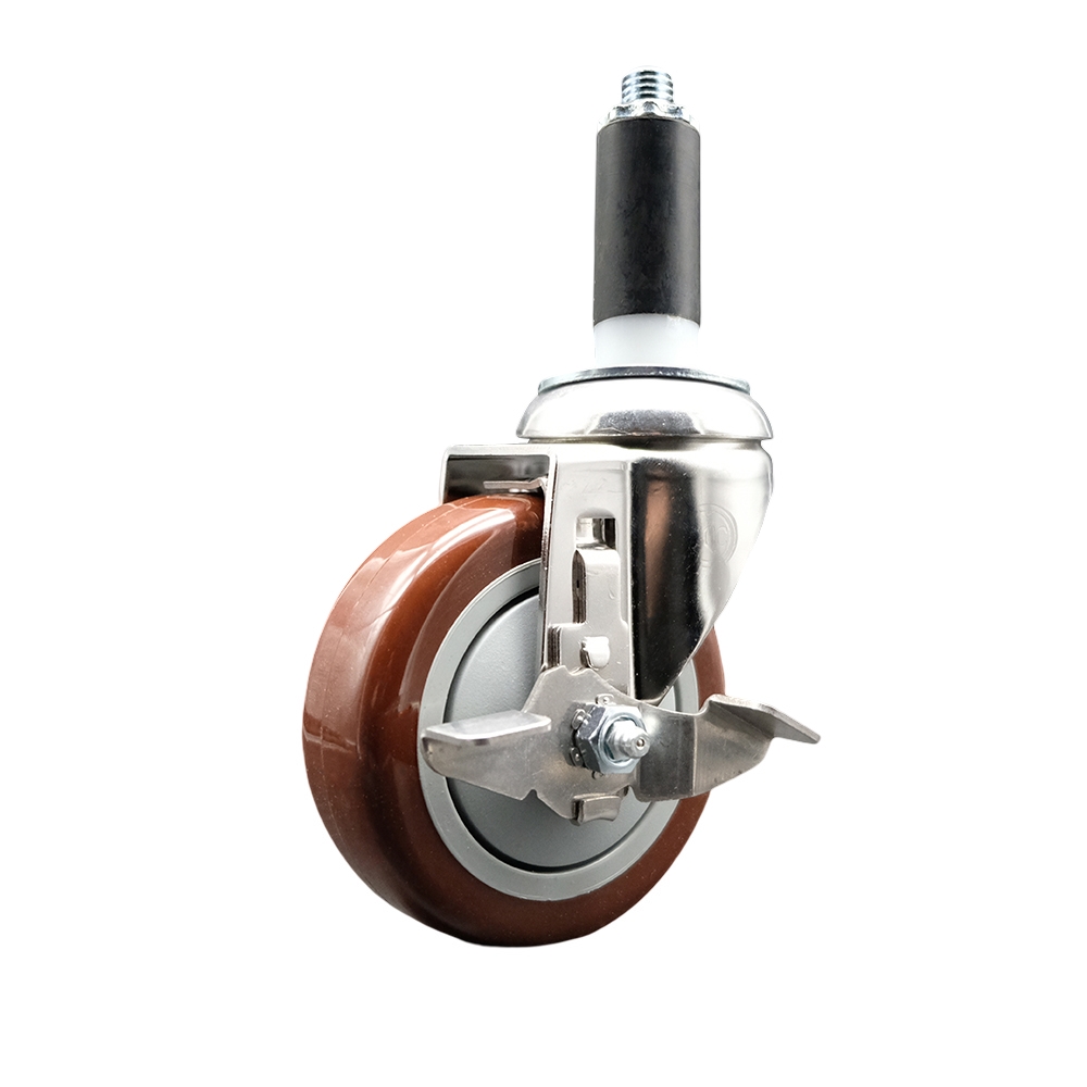 Polyurethane Swivel Stem Caster with 4 Inch Maroon Caster Wheel and Top Lock Brake - 1" Expanding Stem - 316 Stainless Steel Caster - 350 lbs. Capacity Per Caster - Service Caster Brand — photo 1