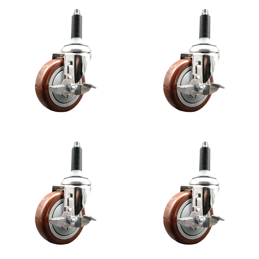 Polyurethane Swivel Stem Caster Set of 4 with 4 Inch Maroon Caster Wheels - 3/4" Expanding Stems - 316 Stainless Steel Casters - Includes 4 Swivel Casters with Top Lock Brakes - Service Caster Brand — photo 1