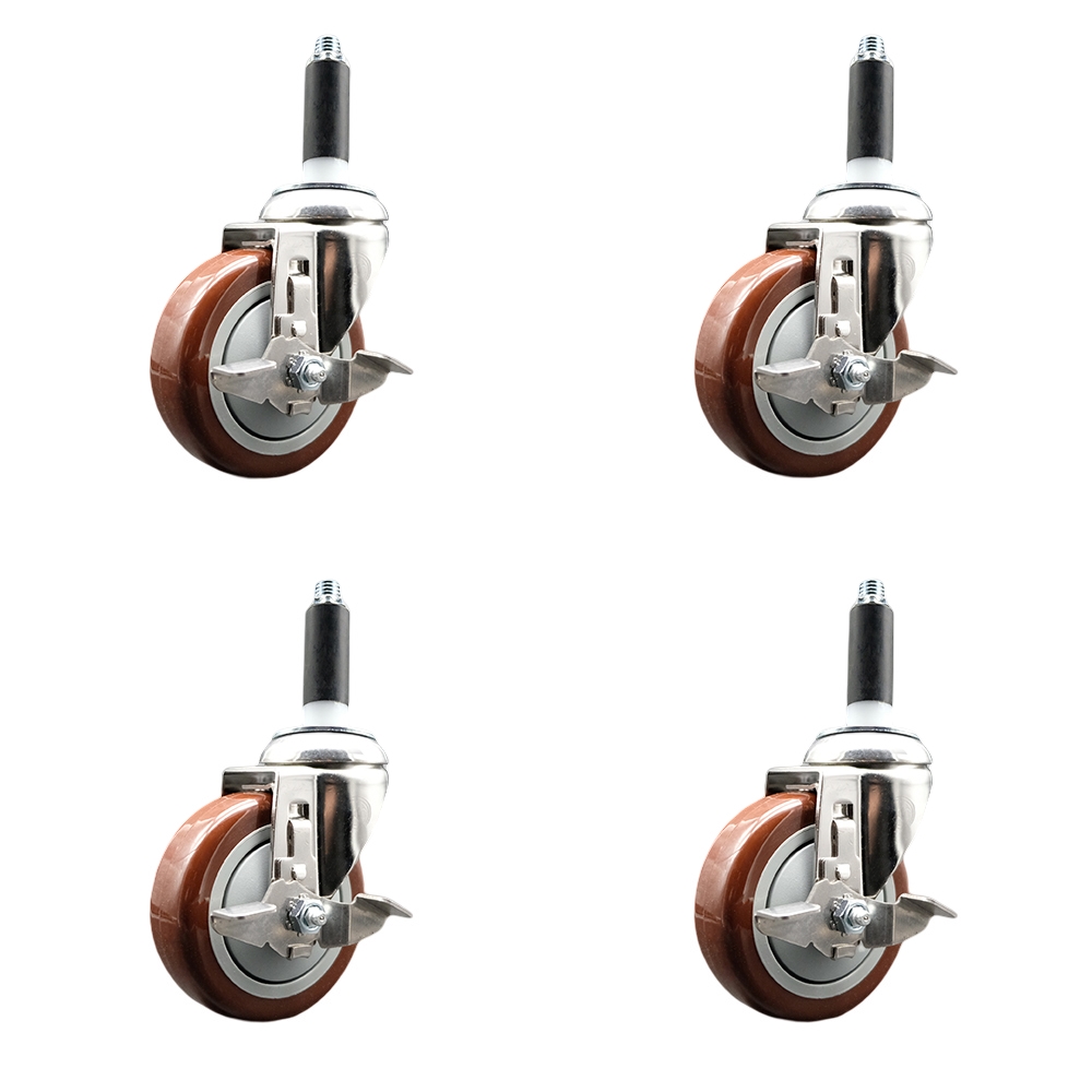 Polyurethane Swivel Stem Caster Set of 4 with 4 Inch Maroon Caster Wheels - 7/8" Expanding Stems - 316 Stainless Steel Casters - Includes 4 Swivel Casters with Top Lock Brakes - Service Caster Brand — photo 1