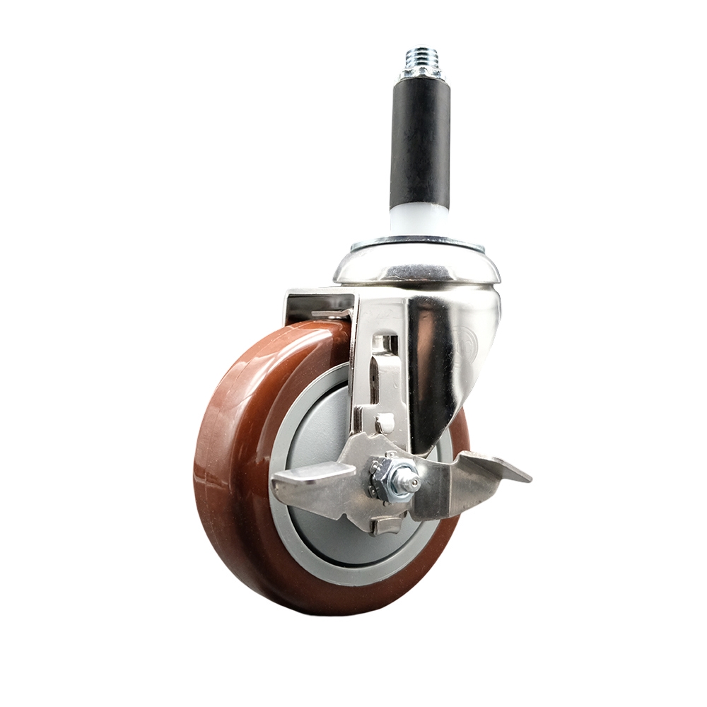 Polyurethane Swivel Stem Caster with 4 Inch Maroon Caster Wheel and Top Lock Brake - 7/8" Expanding Stem - 316 Stainless Steel Caster - 350 lbs. Capacity Per Caster - Service Caster Brand — photo 1
