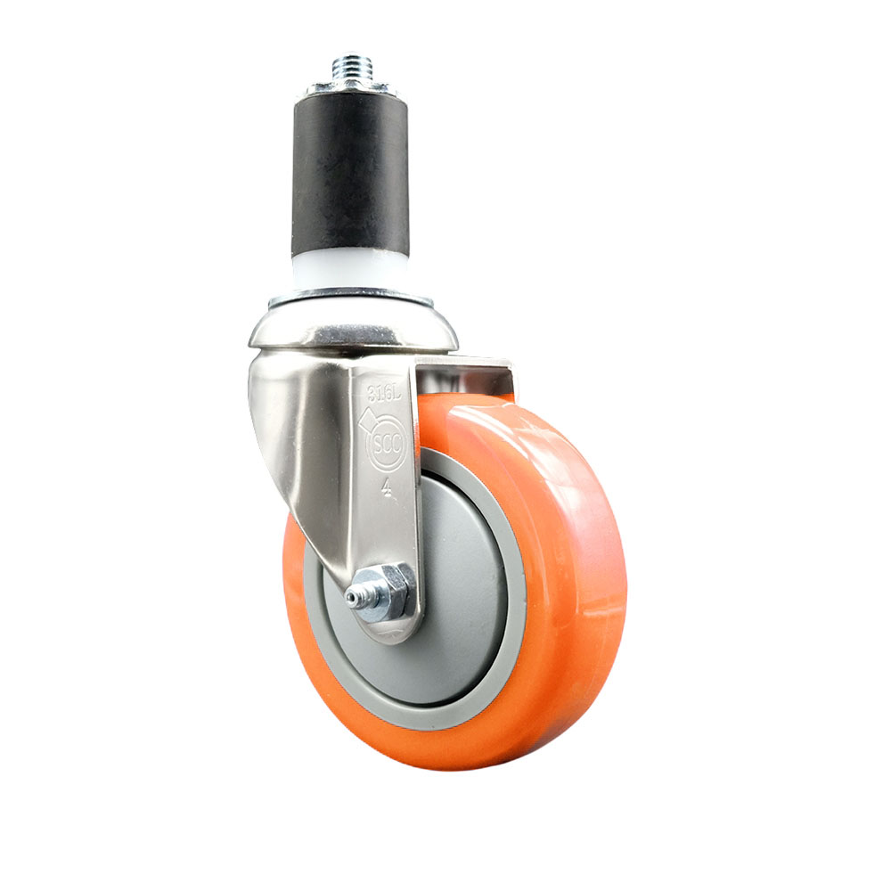 Polyurethane Swivel Stem Caster with 4 Inch Orange Caster Wheel - 1-1/2" Expanding Stem - 316 Stainless Steel Caster - 350 lbs. Capacity Per Caster - Service Caster Brand — photo 1