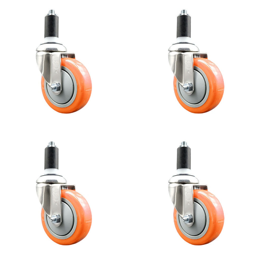Polyurethane Swivel Stem Caster Set of 4 with 4 Inch Orange Caster Wheels - 1-1/4" Expanding Stems - 316 Stainless Steel Casters - Includes 4 Swivel Casters - Service Caster Brand — photo 1