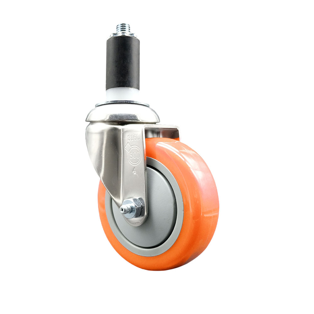 Polyurethane Swivel Stem Caster with 4 Inch Orange Caster Wheel - 1-1/4" Expanding Stem - 316 Stainless Steel Caster - 350 lbs. Capacity Per Caster - Service Caster Brand — photo 1
