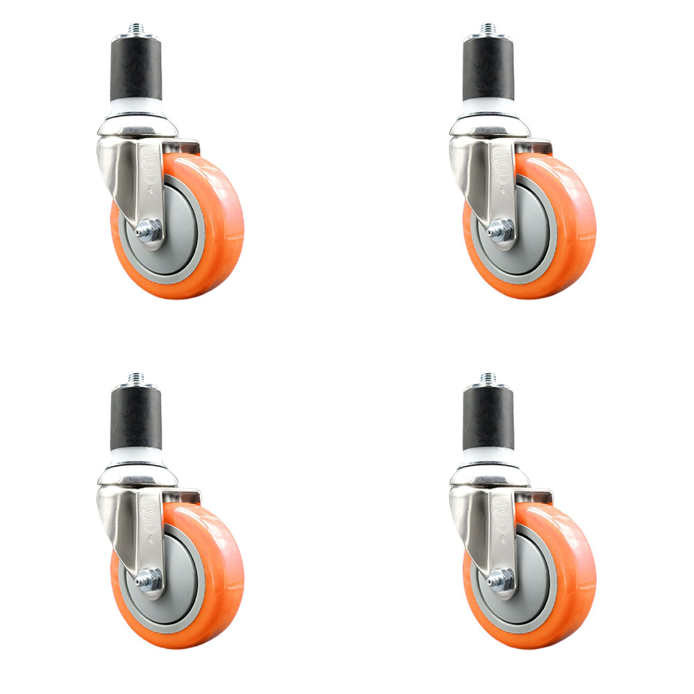 Polyurethane Swivel Stem Caster Set of 4 with 4 Inch Orange Caster Wheels - 1-3/4" Expanding Stems - 316 Stainless Steel Casters - Includes 4 Swivel Casters - Service Caster Brand — photo 1