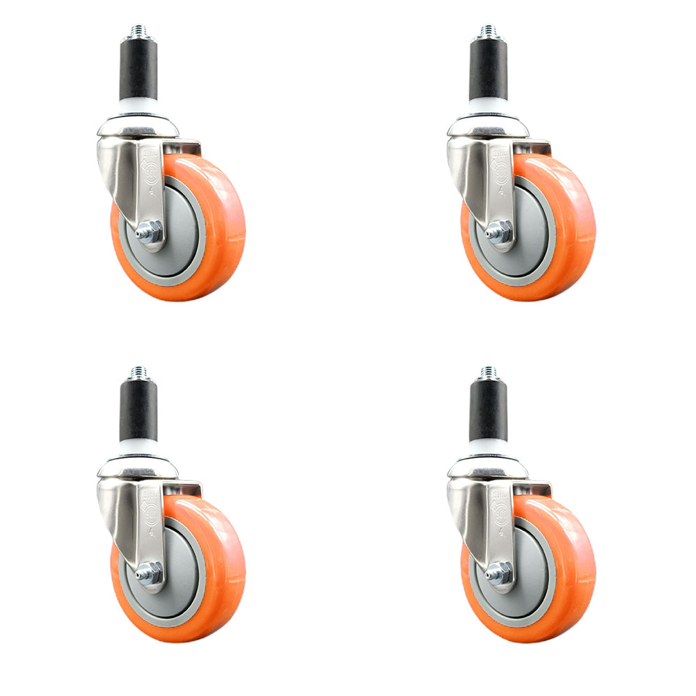 Polyurethane Swivel Stem Caster Set of 4 with 4 Inch Orange Caster Wheels - 1-3/8" Expanding Stems - 316 Stainless Steel Casters - Includes 4 Swivel Casters - Service Caster Brand — photo 1