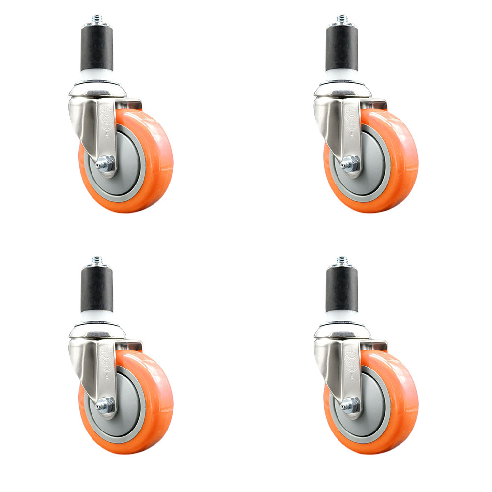 Polyurethane Swivel Stem Caster Set of 4 with 4 Inch Orange Caster Wheels - 1-5/8" Expanding Stems - 316 Stainless Steel Casters - Includes 4 Swivel Casters - Service Caster Brand — photo 1