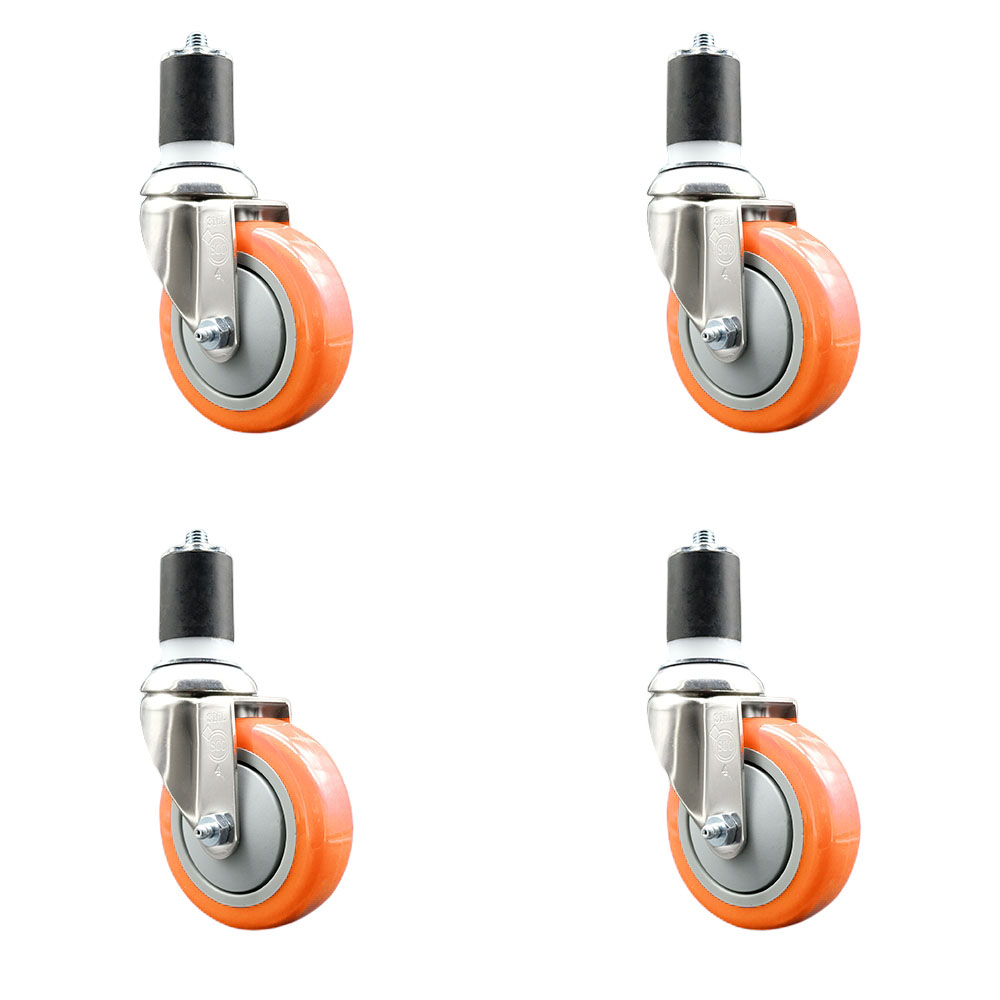 Polyurethane Swivel Stem Caster Set of 4 with 4 Inch Orange Caster Wheels - 1-7/8" Expanding Stems - 316 Stainless Steel Casters - Includes 4 Swivel Casters - Service Caster Brand — photo 1
