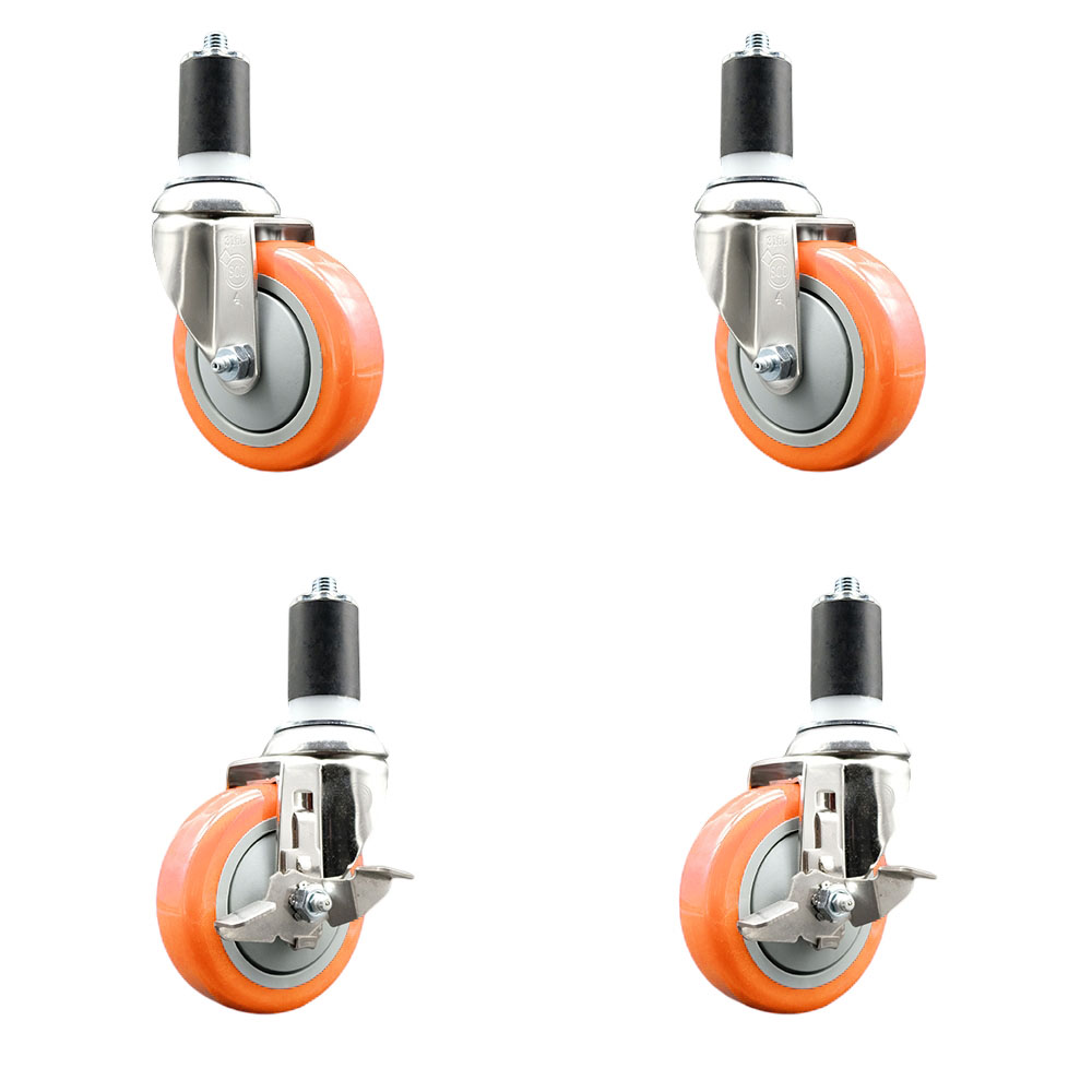 Polyurethane Swivel Stem Caster Set of 4 with 4 Inch Orange Caster Wheels - 1-1/2" Expanding Stems -316 Stainless Steel Casters-Includes 2 Swivel with Top Lock Brakes and 2 Swivel-Service Caster Brand — photo 1