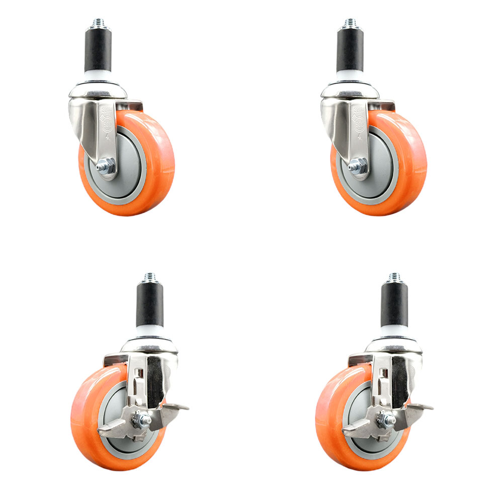 Polyurethane Swivel Stem Caster Set of 4 with 4 Inch Orange Caster Wheels - 1-1/4" Expanding Stems -316 Stainless Steel Casters-Includes 2 Swivel with Top Lock Brakes and 2 Swivel-Service Caster Brand — photo 1