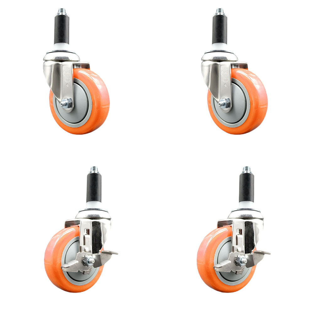 Polyurethane Swivel Stem Caster Set of 4 with 4 Inch Orange Caster Wheels - 1-1/8" Expanding Stems -316 Stainless Steel Casters-Includes 2 Swivel with Top Lock Brakes and 2 Swivel-Service Caster Brand — photo 1