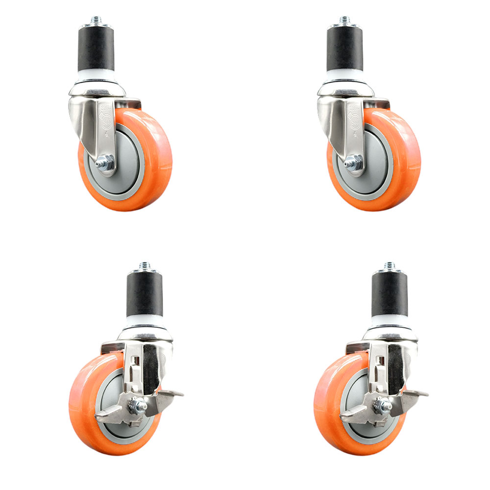 Polyurethane Swivel Stem Caster Set of 4 with 4 Inch Orange Caster Wheels - 1-3/4" Expanding Stems -316 Stainless Steel Casters-Includes 2 Swivel with Top Lock Brakes and 2 Swivel-Service Caster Brand — photo 1