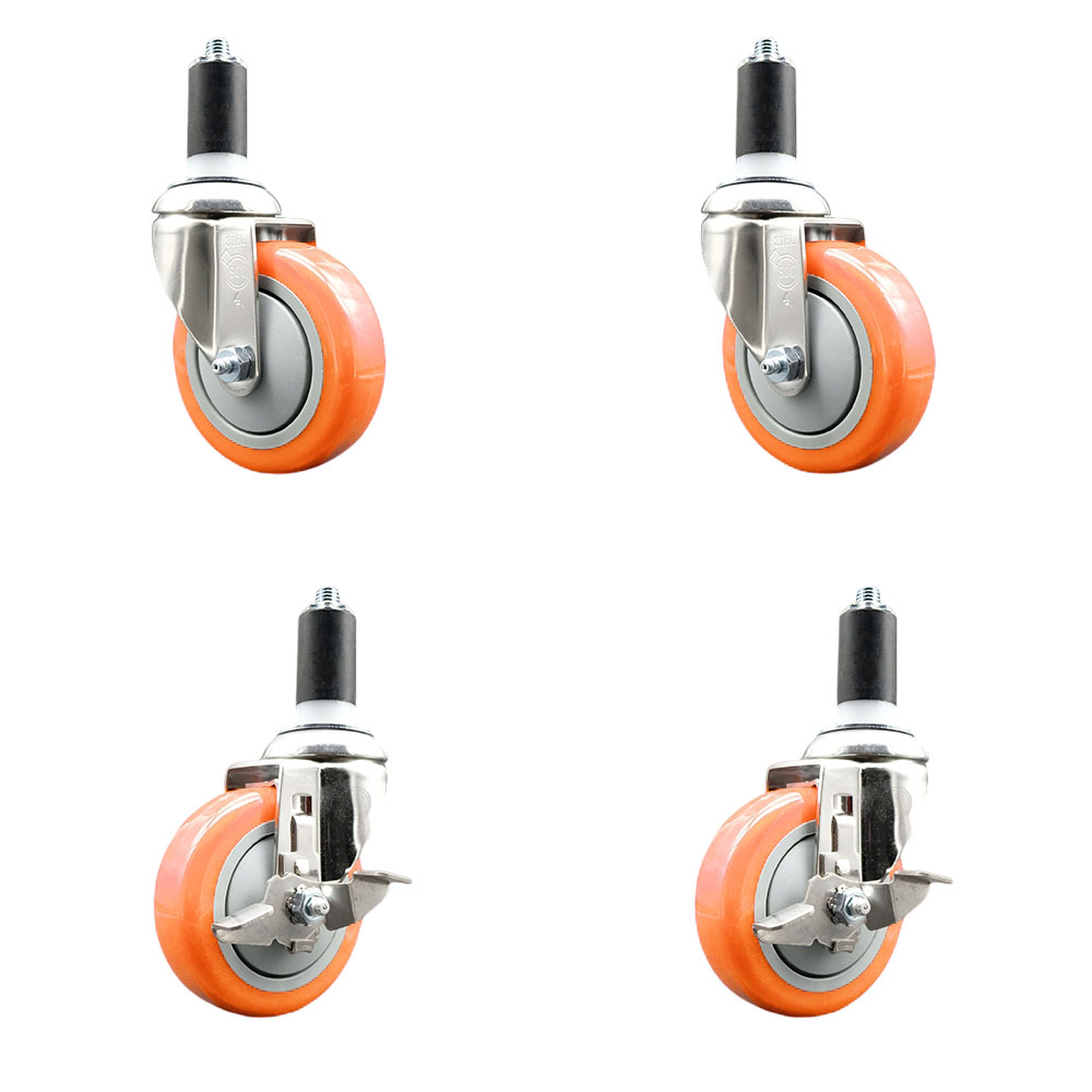 Polyurethane Swivel Stem Caster Set of 4 with 4 Inch Orange Caster Wheels - 1-3/8" Expanding Stems -316 Stainless Steel Casters-Includes 2 Swivel with Top Lock Brakes and 2 Swivel-Service Caster Brand — photo 1