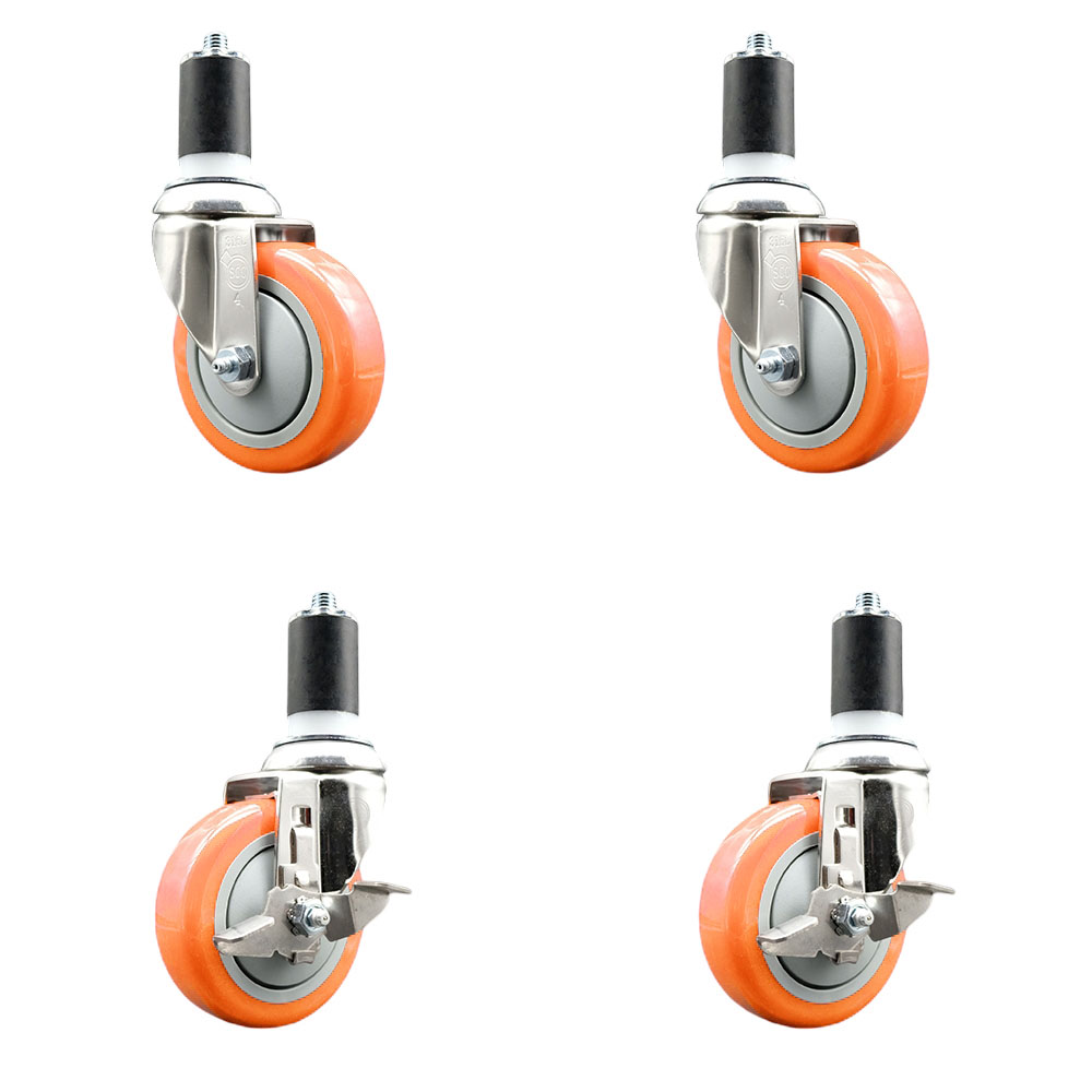 Polyurethane Swivel Stem Caster Set of 4 with 4 Inch Orange Caster Wheels - 1-5/8" Expanding Stems -316 Stainless Steel Casters-Includes 2 Swivel with Top Lock Brakes and 2 Swivel-Service Caster Brand — photo 1