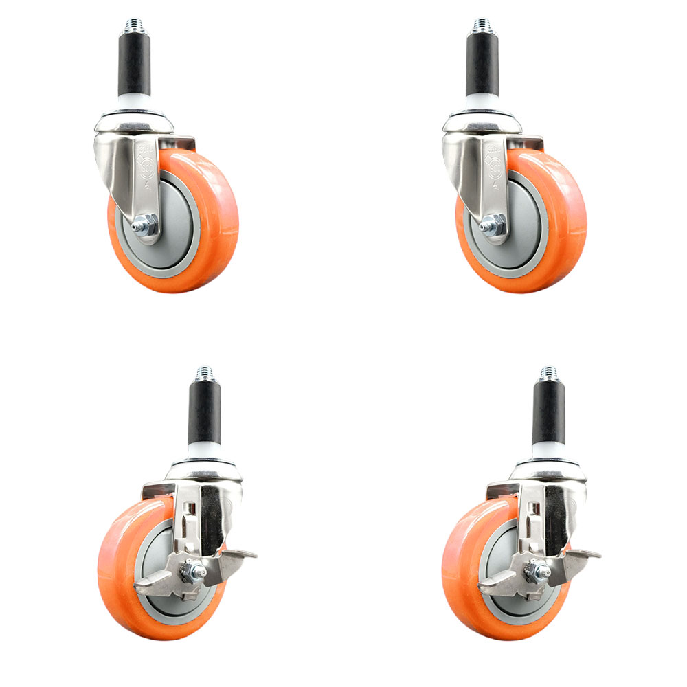 Polyurethane Swivel Stem Caster Set of 4 with 4 Inch Orange Caster Wheels - 1" Expanding Stems -316 Stainless Steel Casters - Includes 2 Swivel with Top Lock Brakes and 2 Swivel - Service Caster Brand — photo 1