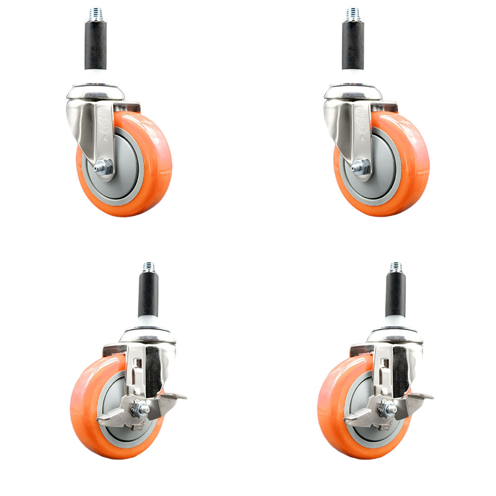 Polyurethane Swivel Stem Caster Set of 4 with 4 Inch Orange Caster Wheels - 3/4" Expanding Stems -316 Stainless Steel Casters - Includes 2 Swivel with Top Lock Brakes and 2 Swivel-Service Caster Brand — photo 1