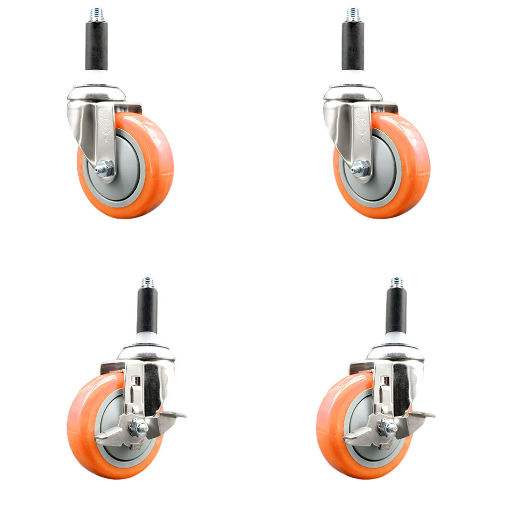 Polyurethane Swivel Stem Caster Set of 4 with 4 Inch Orange Caster Wheels - 7/8" Expanding Stems -316 Stainless Steel Casters - Includes 2 Swivel with Top Lock Brakes and 2 Swivel-Service Caster Brand — photo 1