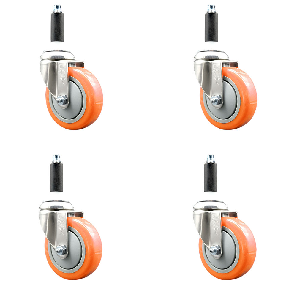 Polyurethane Swivel Stem Caster Set of 4 with 4 Inch Orange Caster Wheels - 3/4" Expanding Stems - 316 Stainless Steel Casters - Includes 4 Swivel Casters - Service Caster Brand — photo 1
