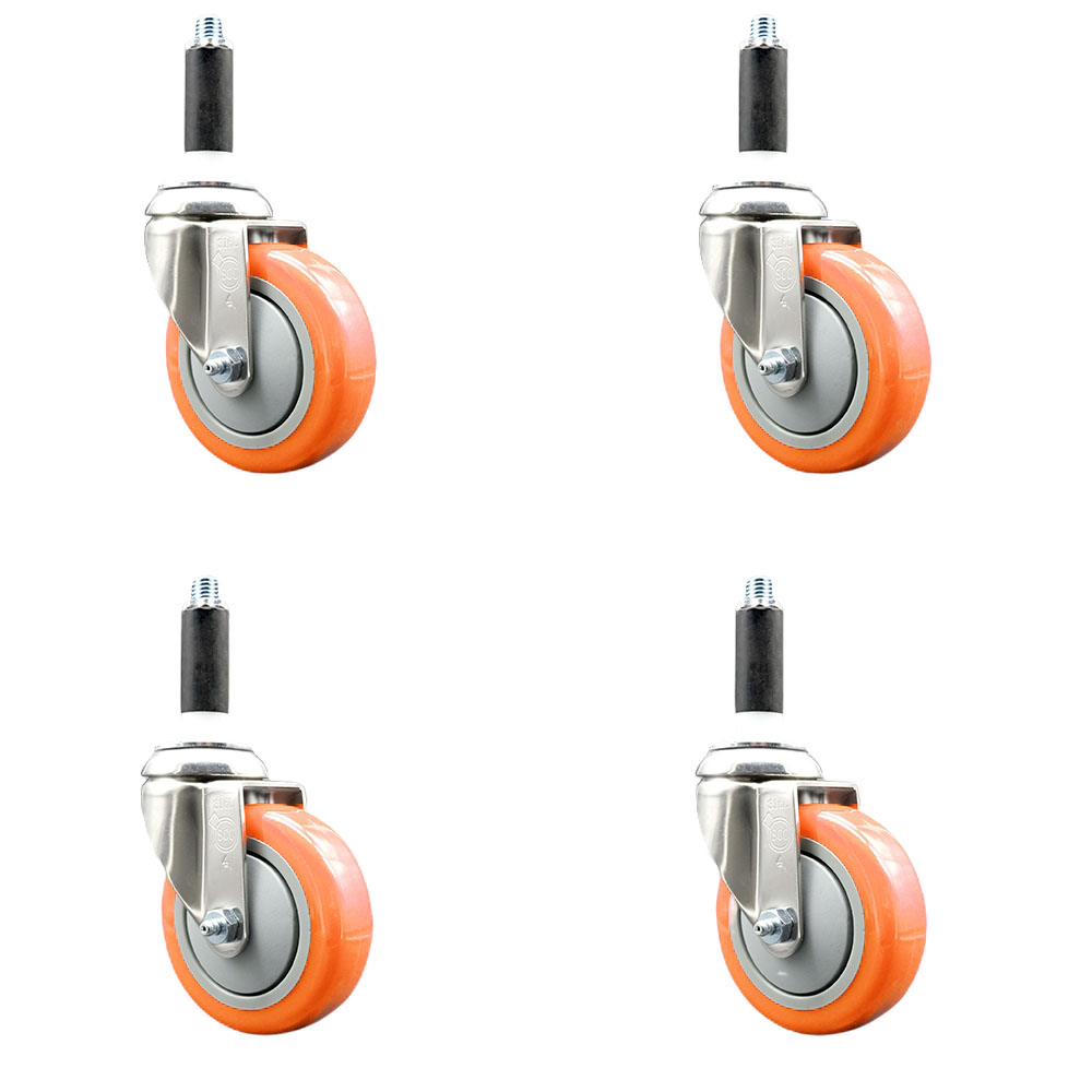 Polyurethane Swivel Stem Caster Set of 4 with 4 Inch Orange Caster Wheels - 7/8" Expanding Stems - 316 Stainless Steel Casters - Includes 4 Swivel Casters - Service Caster Brand — photo 1
