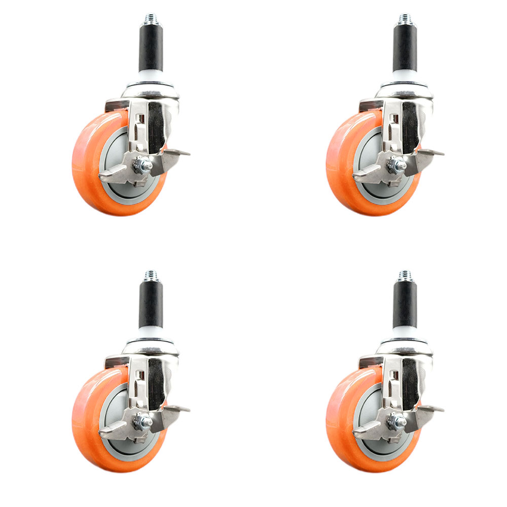 Polyurethane Swivel Stem Caster Set of 4 with 4 Inch Orange Caster Wheels - 1" Expanding Stems - 316 Stainless Steel Casters - Includes 4 Swivel Casters with Top Lock Brakes - Service Caster Brand — photo 1