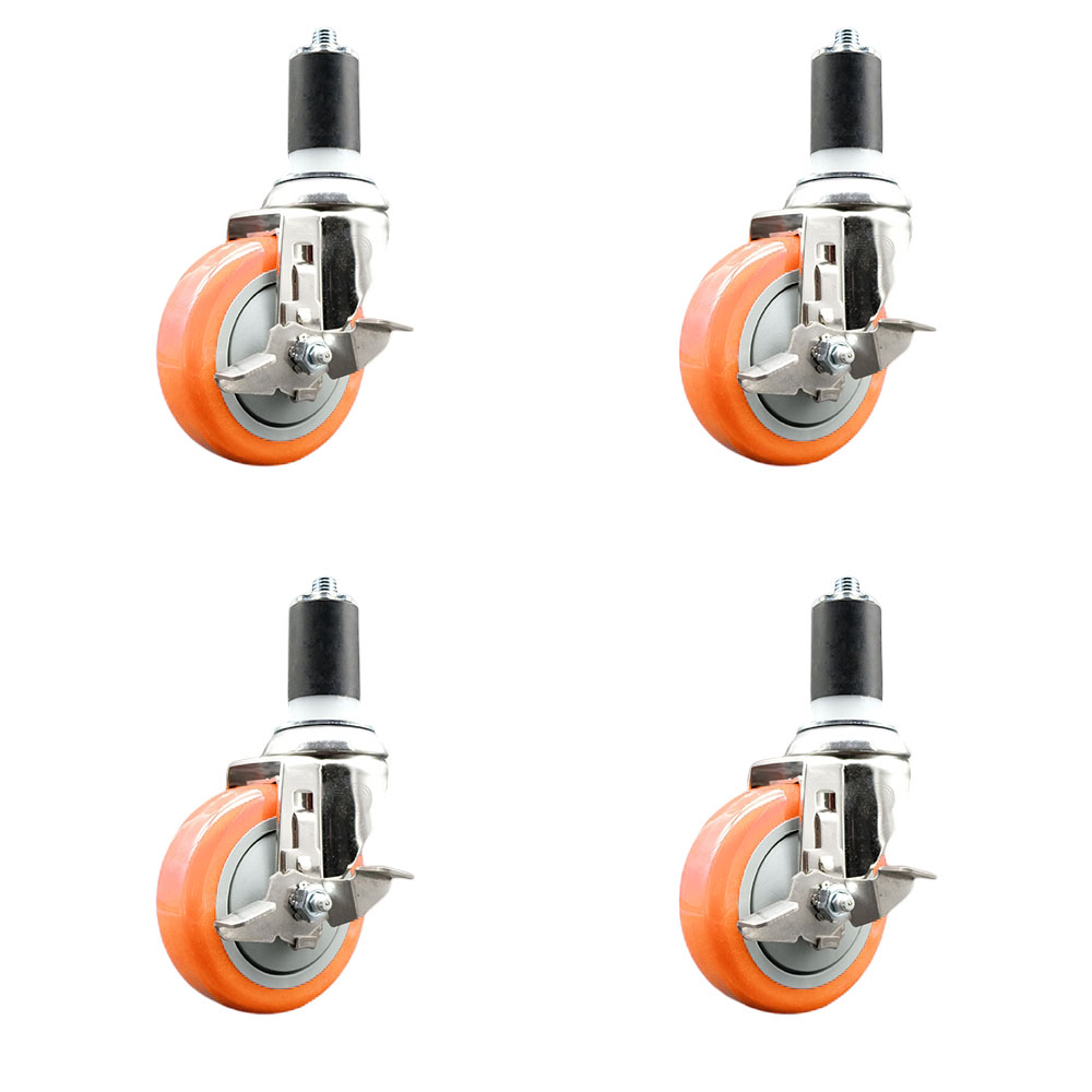 Polyurethane Swivel Stem Caster Set of 4 with 4 Inch Orange Caster Wheels - 1-1/2" Expanding Stems - 316 Stainless Steel Casters - Includes 4 Swivel Casters with Top Lock Brakes - Service Caster Brand — photo 1