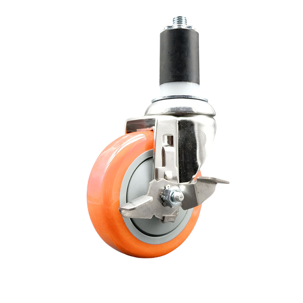 Polyurethane Swivel Stem Caster with 4 Inch Orange Caster Wheel and Top Lock Brake - 1-1/2" Expanding Stem - 316 Stainless Steel Caster - 350 lbs. Capacity Per Caster - Service Caster Brand — photo 1