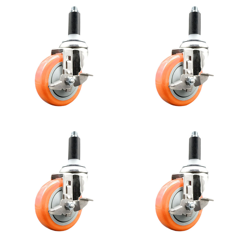 Polyurethane Swivel Stem Caster Set of 4 with 4 Inch Orange Caster Wheels - 1-1/8" Expanding Stems - 316 Stainless Steel Casters - Includes 4 Swivel Casters with Top Lock Brakes - Service Caster Brand — photo 1