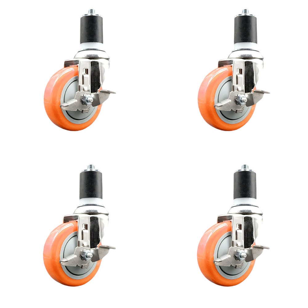 Polyurethane Swivel Stem Caster Set of 4 with 4 Inch Orange Caster Wheels - 1-3/4" Expanding Stems - 316 Stainless Steel Casters - Includes 4 Swivel Casters with Top Lock Brakes - Service Caster Brand — photo 1